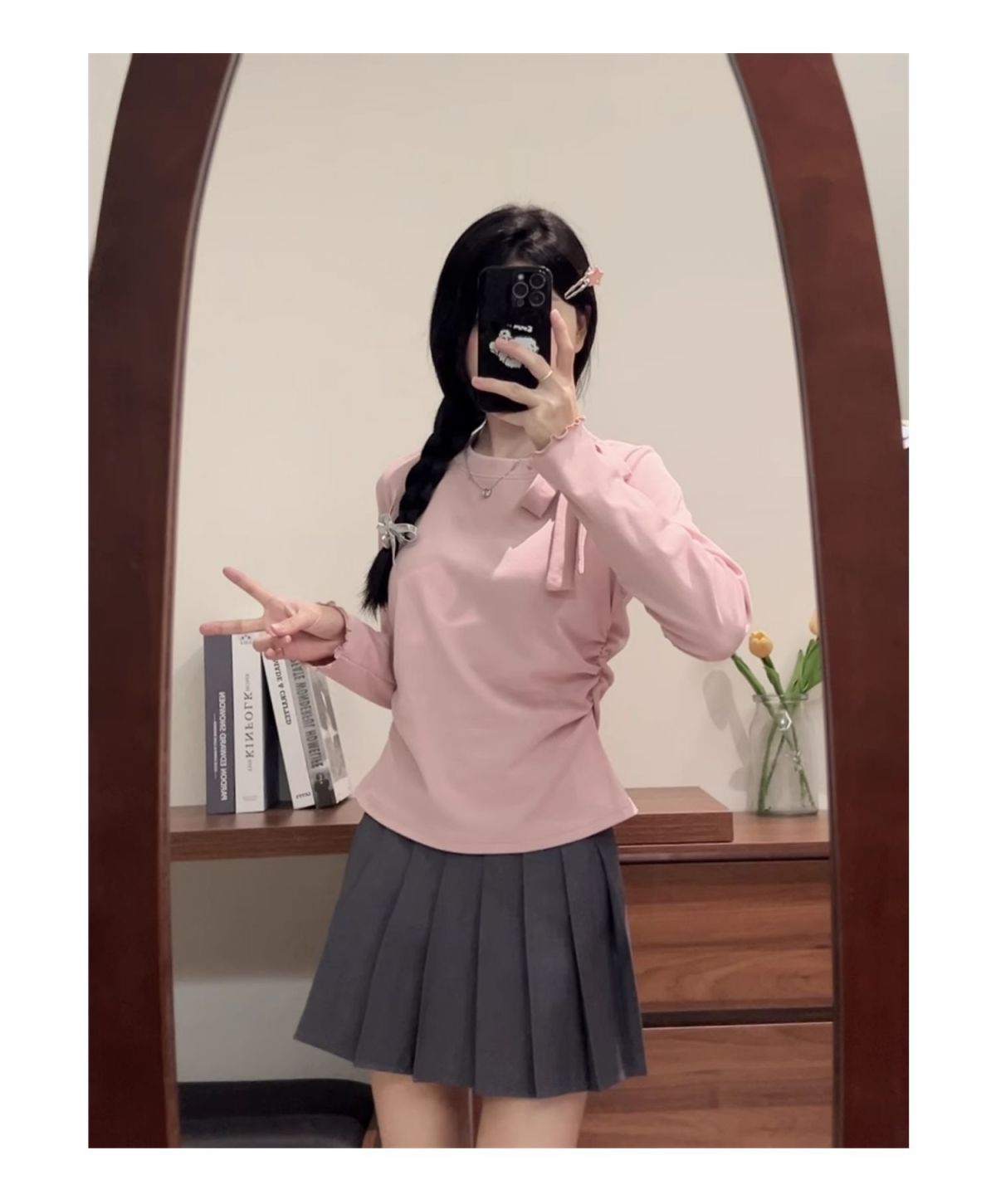 Bow Strap Long-sleeved Korean Style Chic Autumn and Winter New Top Sweet Pure Style Tight Waist Slim Fit Pleated Top