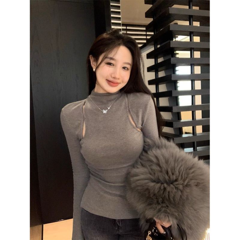 Pure Desire Thread Velvet Tight Inner Half-High Neck T-Shirt Women's Spring and Autumn Design Sense Hollow Base Shirt Top