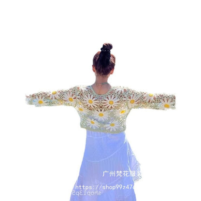 Korean Cut Out Sweet Heavy Industry Daisy V Neck Lace-Up Short Knitwear Cardigan Summer Sexy Sexy Long-Sleeved Jacket