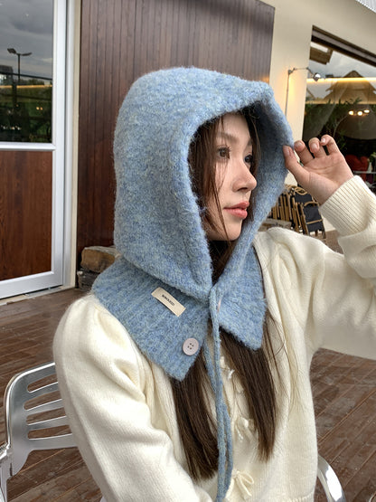 Balaclava Hat New Women's Winter Face-Show Small Ear Protection Neck Integrated Warm Knitted Roll Wool Hat