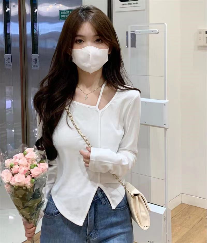 American Style Design Irregular Long-sleeved T-shirt Women's 2024 Spring and Autumn New Slim-fit Slimming Temperament Base Top