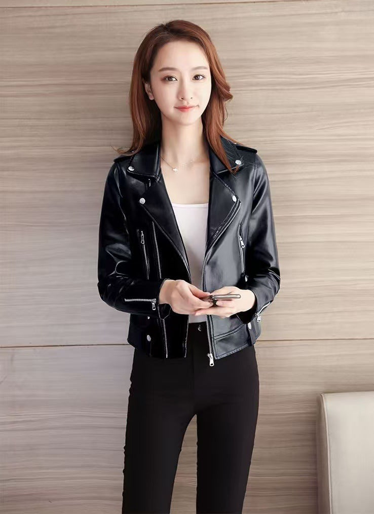 2025 Spring and Autumn New Korean Style Short Women's Pu Women's Large Size Leather Jacket Slim Motorcycle Jacket Small Leather Jacket