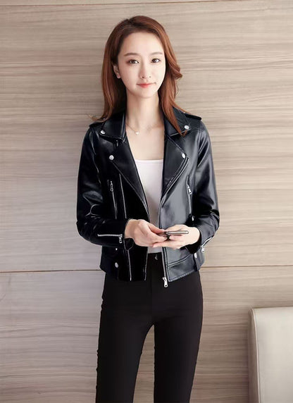 2025 Spring and Autumn New Korean Style Short Women's Pu Women's Large Size Leather Jacket Slim Motorcycle Jacket Small Leather Jacket