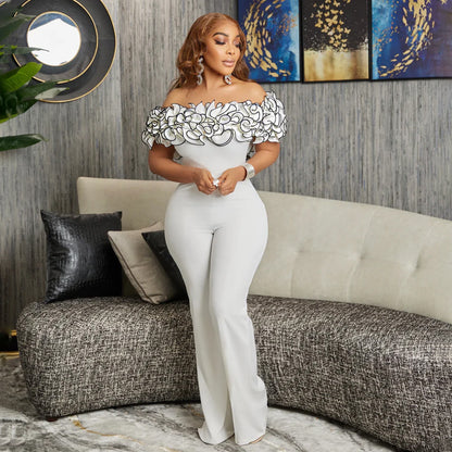 C8593 Cross-border Women's 2024 New Shoulder Collar Ruffled Sexy High Waist Solid Color African jumpsuit