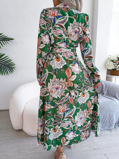 2026 Spring/Summer European and American Retro Floral Lapel Tie Shirt Dress Long Dress Amazon Cross-Border Women's Clothing