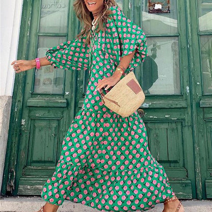 European and American Plus-Size Women's Loose-Fitting Bohemian Round-Neck Lantern-Sleeve Sweet Girl Dress Wholesale from Source Factory