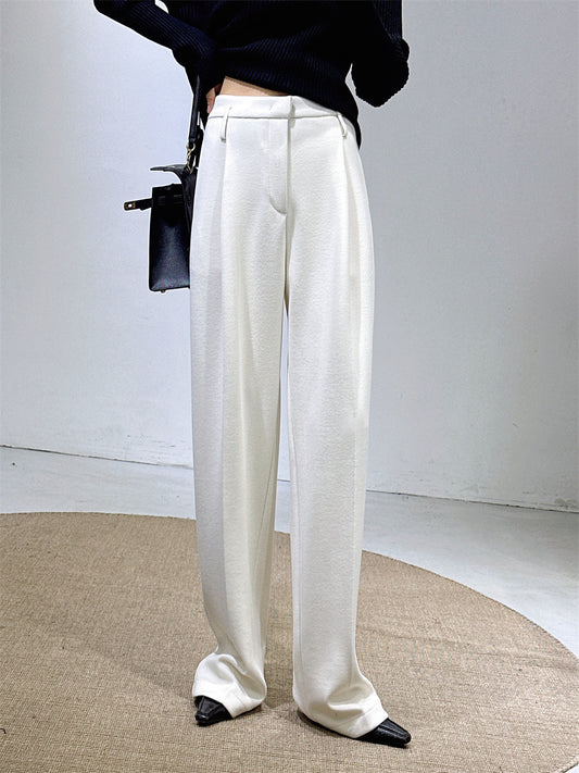 Pet Fans: Autumn and Winter New Style Wool Acetate White Wide-Leg Pants for Women, Woolen Suit Pants, Soft and Waxy Extended Casual Pants