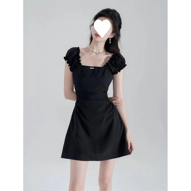 Black Waist-Cinching Slimming Square-Neck Dress for Women 2026 New Summer French Hepburn Style Elegant A-Line Short Skirt
