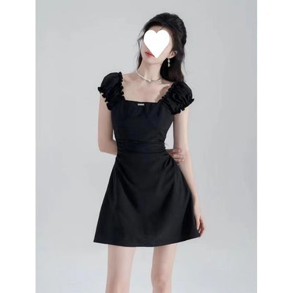 Black Waist-Cinching Slimming Square-Neck Dress for Women 2026 New Summer French Hepburn Style Elegant A-Line Short Skirt