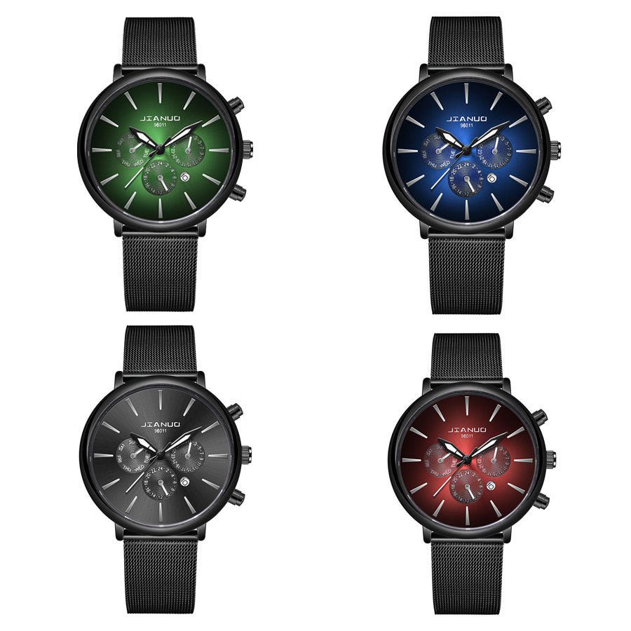 Korean Fashion Men's Mesh Band Watch Fashion Calendar Quartz Watch Business Casual Business Men's Cool Blue Watch