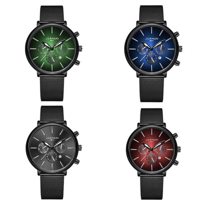 Korean Fashion Men's Mesh Band Watch Fashion Calendar Quartz Watch Business Casual Business Men's Cool Blue Watch