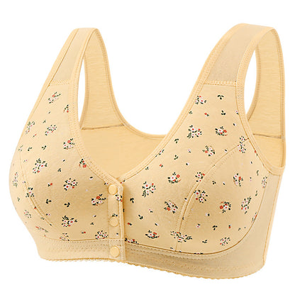 Front Button Middle-Aged and Elderly Large Size Push-Up Bra Thin Underwear Women's Soft Cotton Printed Wire-Free Vest Style Underwear