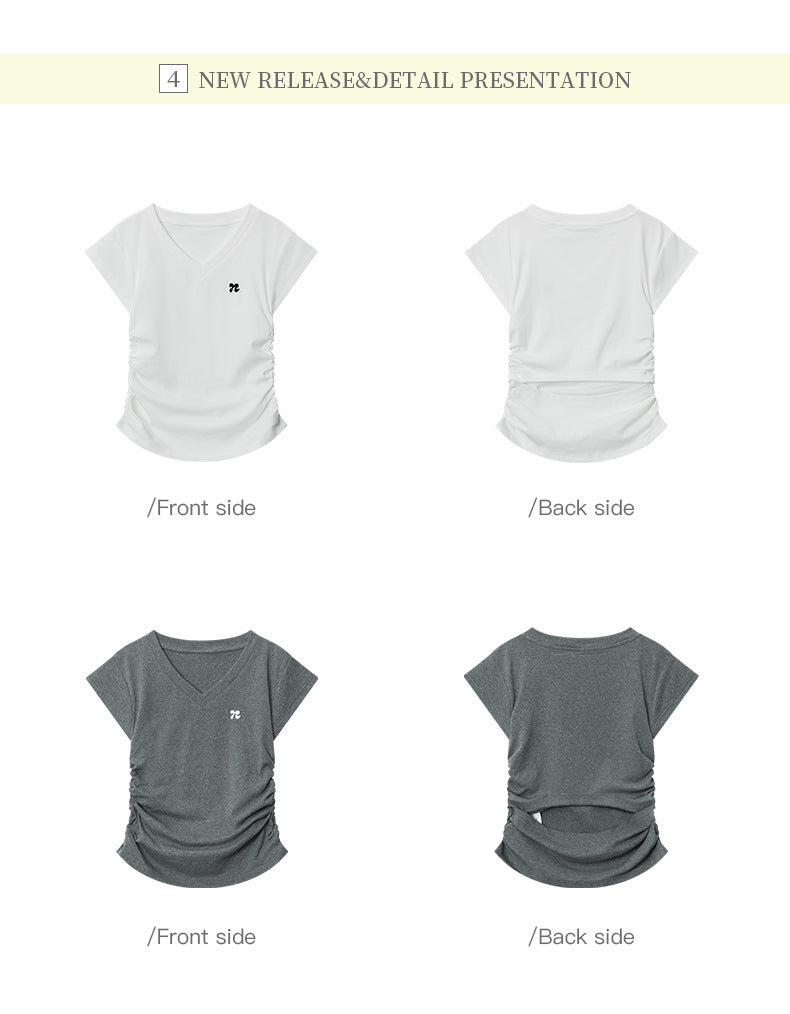 Heyhenry 2025 Summer Pleated Short-Sleeved T-Shirt Women's Niche Design Sexy Short Pinch Waist Niche Top