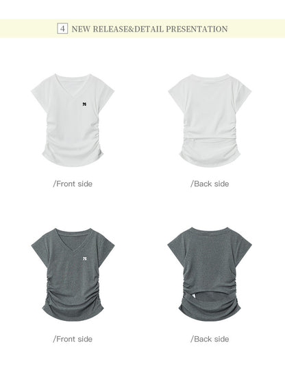 Heyhenry 2025 Summer Pleated Short-Sleeved T-Shirt Women's Niche Design Sexy Short Pinch Waist Niche Top