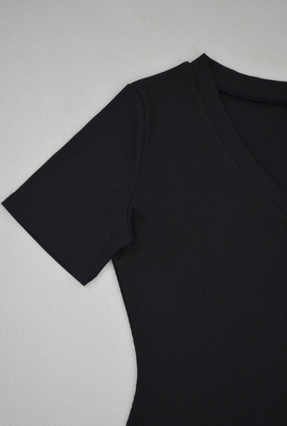 Solid Color Ribbed Pit V-Neck Short-Sleeve Tee