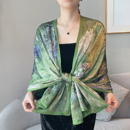 Van Gogh Monet oil painting double-sided double-layer silk scarf women's long 180x70 new silk satin popular fashion scarf shawl New