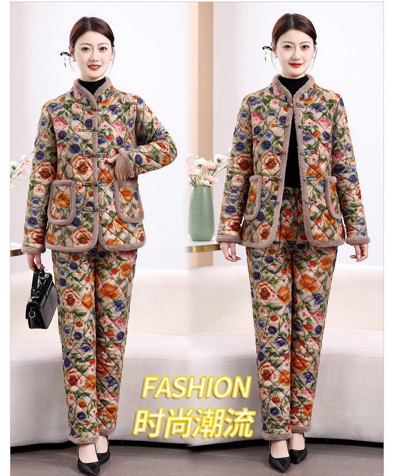 Chinese Style Mother's Winter New fleece-lined Thickened Cotton-padded Coat suit Middle-aged Women's Cotton-padded Clothes Cotton Pants Warm Two-piece Set