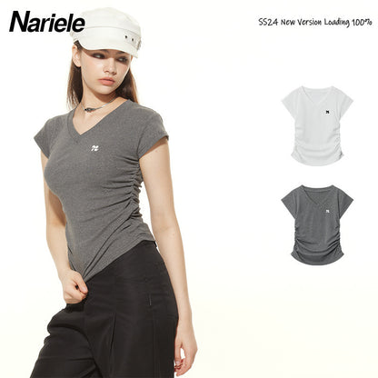 Heyhenry 2025 Summer Pleated Short-Sleeved T-Shirt Women's Niche Design Sexy Short Pinch Waist Niche Top