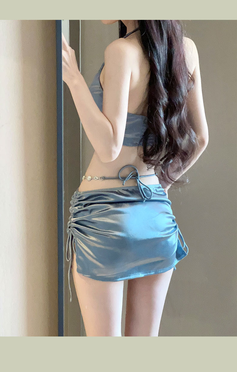 2025 New Swimsuit Women's Silver High-End Sexy Separates Three-Piece Set Hot Spring Vacation Fashion Bikini Hot Girl Outfit