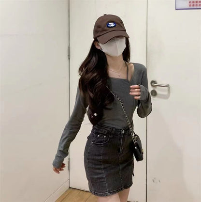 American Style Design Irregular Long-sleeved T-shirt Women's 2024 Spring and Autumn New Slim-fit Slimming Temperament Base Top