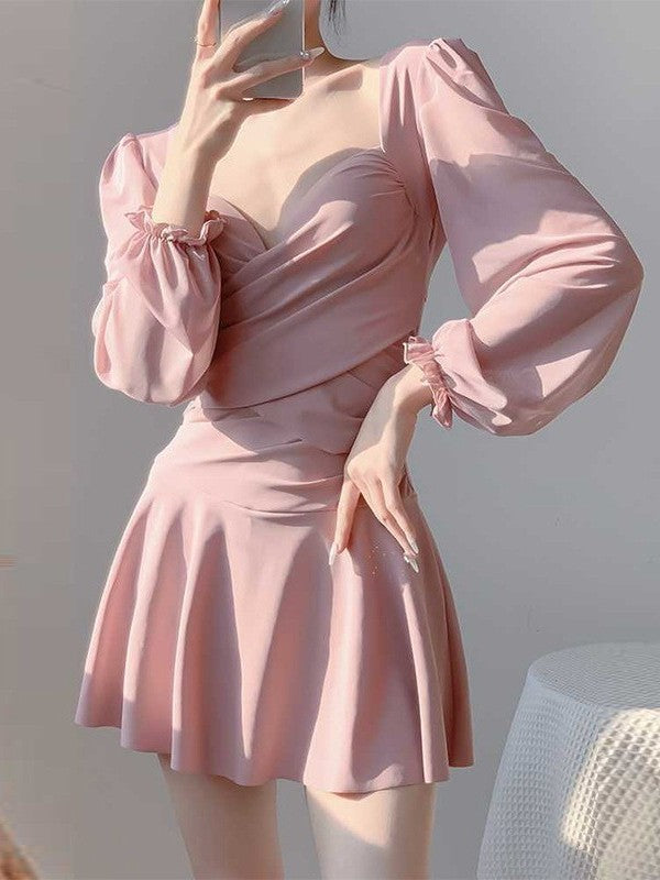 Yan 2026 New Style Sweet and Pure Desire Style with Underwire, Push-Up, Slimming, Long-Sleeved Dress-Style One-Piece Swimsuit for Women Wholesale