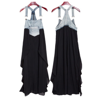2024 Summer New Korean Style plus size Loose Fashionable Casual Denim Stitching Chiffon Strap Denim dress Women