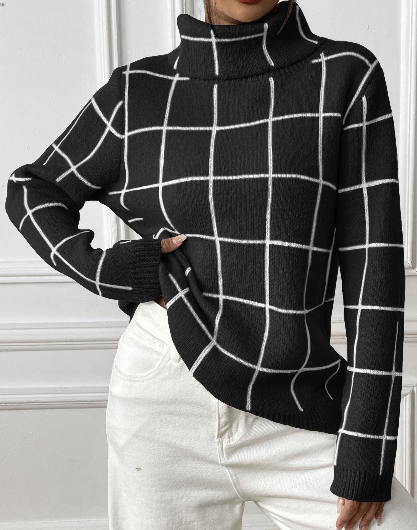 Contrast Color Mesh Woven Shirt Women's Pullover Top Cross-border European and American Women's Fashion Base Shirt Turtleneck Sweater