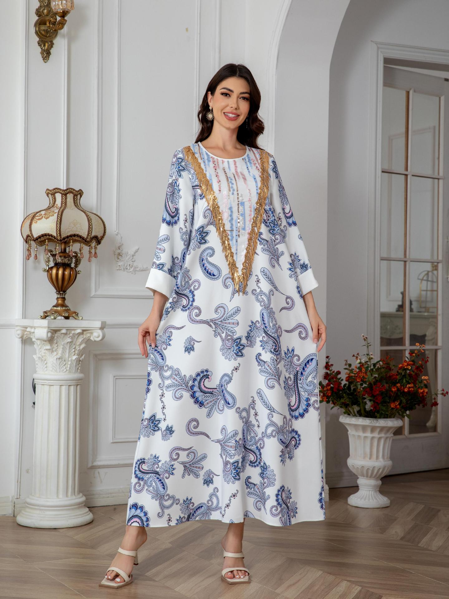 Sw0821 Amazon Women's Printed Robe Evening Dress European and American Cross-Border Dress Wholesale Long
