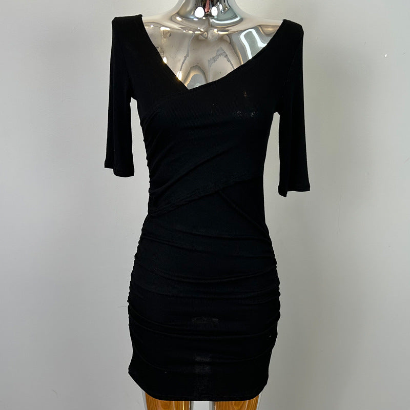 South Korea Dongdaemun New Sexy Feminine V-Neck Pleated Bag Hip Mid-Sleeve dress Figure