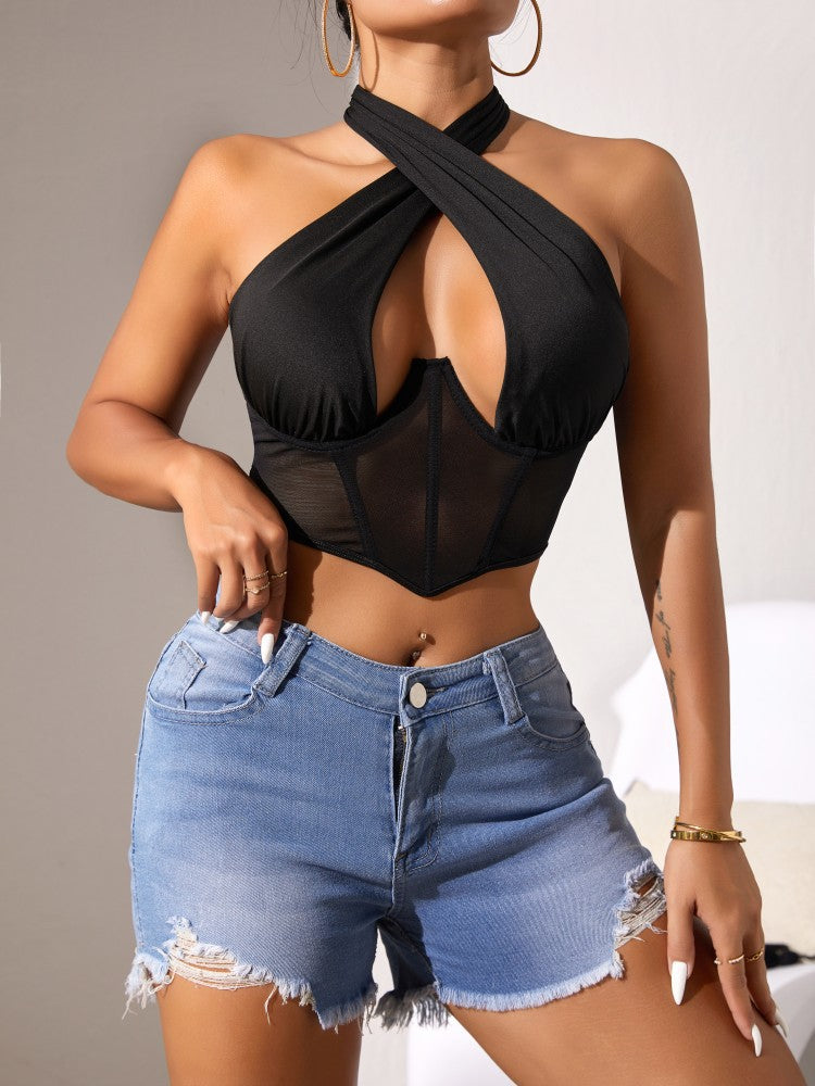 Cross-border Foreign Trade Mesh Beauty Chest Hanging Neck Tie-wrap Chest Sexy Spice Girl Fish Bone Steel Ring Outer Wear Backless Vest