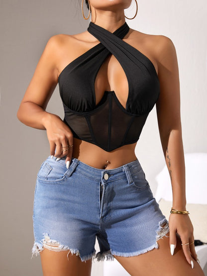 Cross-border Foreign Trade Mesh Beauty Chest Hanging Neck Tie-wrap Chest Sexy Spice Girl Fish Bone Steel Ring Outer Wear Backless Vest