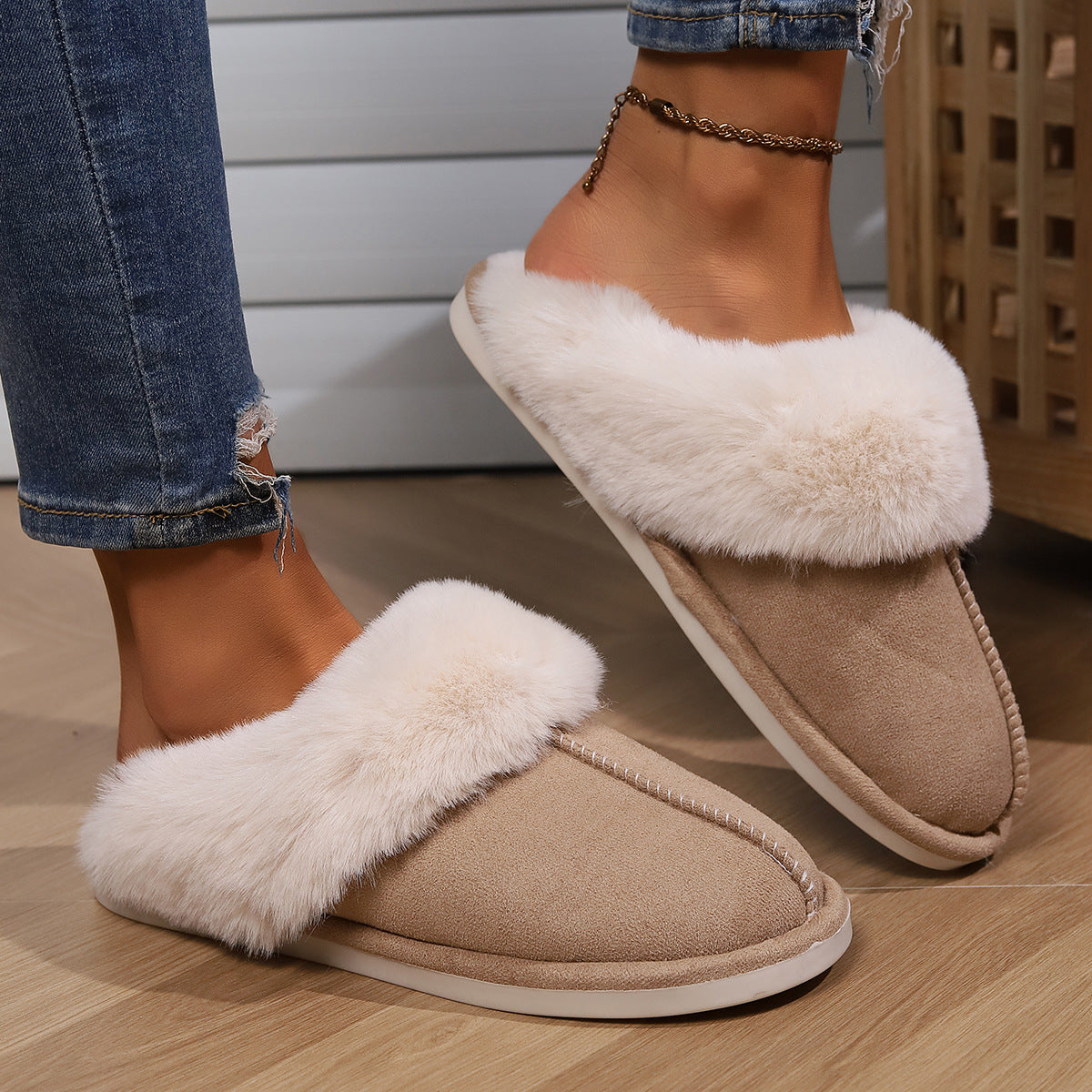 Shevalues Fashion Fur Slippers Women Fluffy Winter House Shoes Memory Foam Fuzzy Slippers Short Plush Slipper Indoor And Outdoor