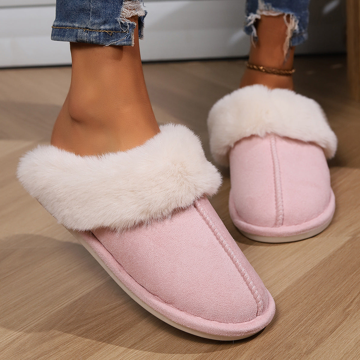 Shevalues Fashion Fur Slippers Women Fluffy Winter House Shoes Memory Foam Fuzzy Slippers Short Plush Slipper Indoor And Outdoor