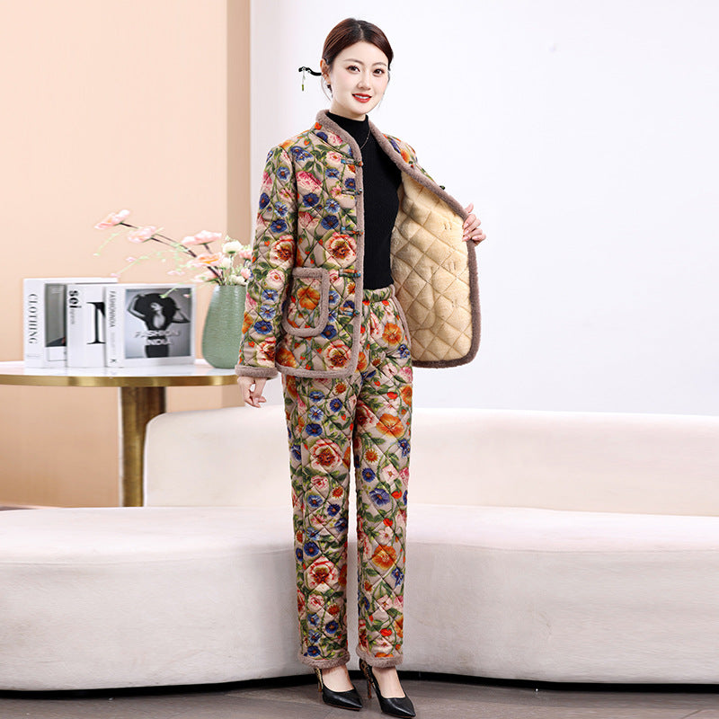 Chinese Style Mother's Winter New fleece-lined Thickened Cotton-padded Coat suit Middle-aged Women's Cotton-padded Clothes Cotton Pants Warm Two-piece Set