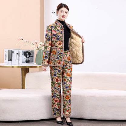 Chinese Style Mother's Winter New fleece-lined Thickened Cotton-padded Coat suit Middle-aged Women's Cotton-padded Clothes Cotton Pants Warm Two-piece Set