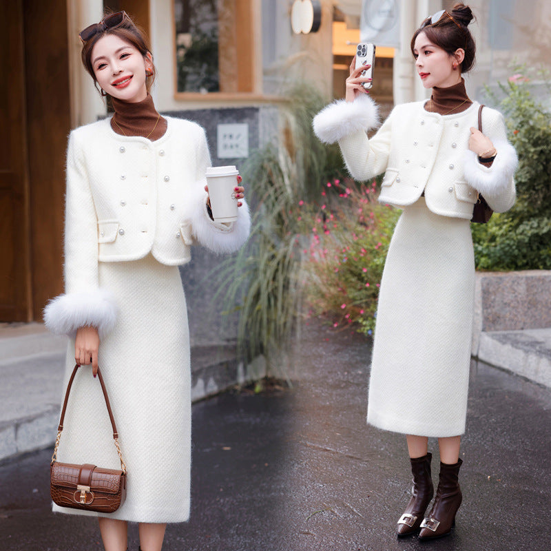 2024 Winter New Style Liner White Duck Down Jacket Real Hair Chanel Style suit Women's Light Luxury Socialite Skirt Two-piece Set