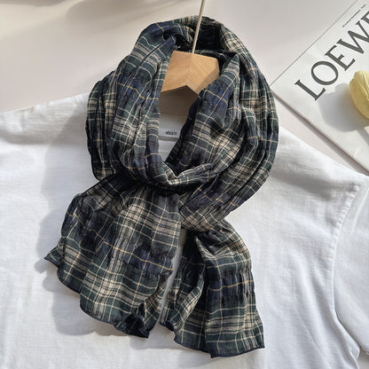 100% Pure Cotton Artistic Plaid Scarf Four Seasons Japanese Style All-match Neck Protector Long Thin Scarf Women's Summer Scarf