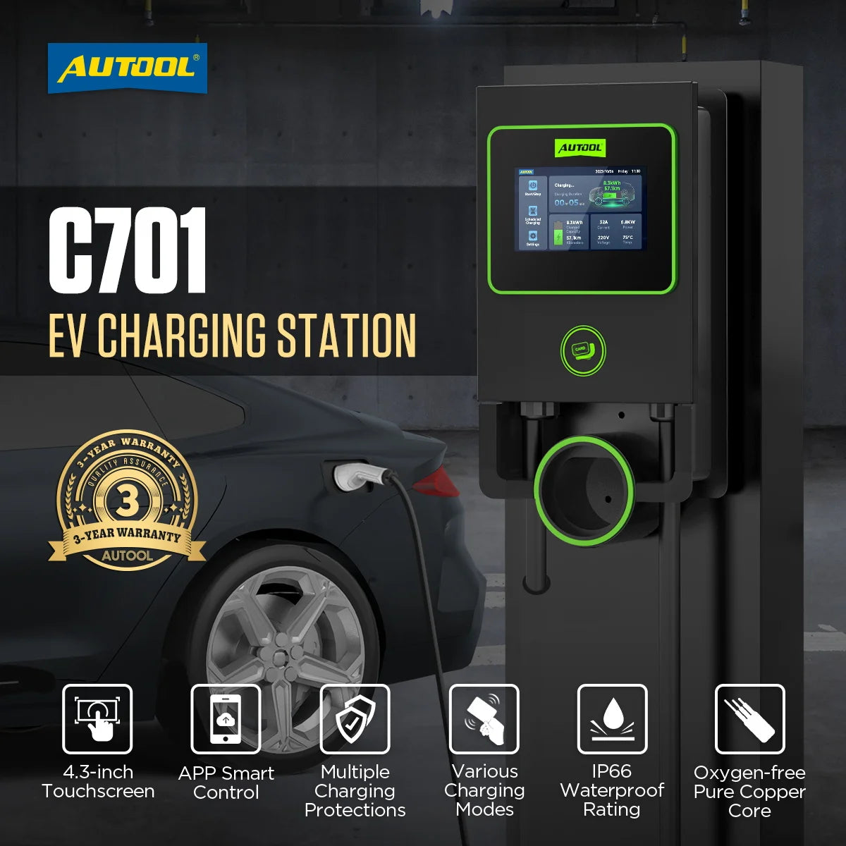 AUTOOL C701 EV Charger Station Wall-mounted Car Charger 7KW 32A Current Adjustable EV Charging Piles