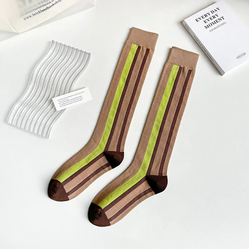 Socks Women's High Tube Calf Knee-length Socks Retro Illustration Art Abstract Street Autumn and Winter Cotton Socks High Sock