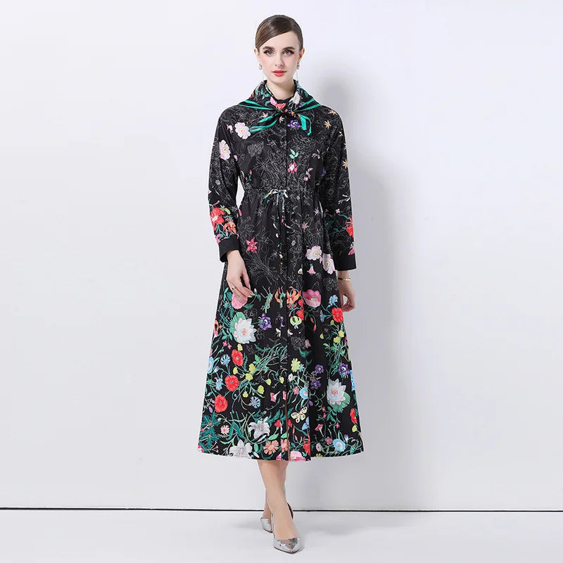 JAMERARY Runway Design Fashion Floral Print Elegant Summer Pleated Midi Long Dress Shirt Street Casual Lady Office Work Dresses