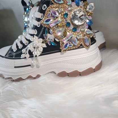 Thick-bottomed Canvas for Women Crystal Fringed High-top Platform Shoes Handmande Fashion 5cm High Heel  ADULT  Luxury Shoes