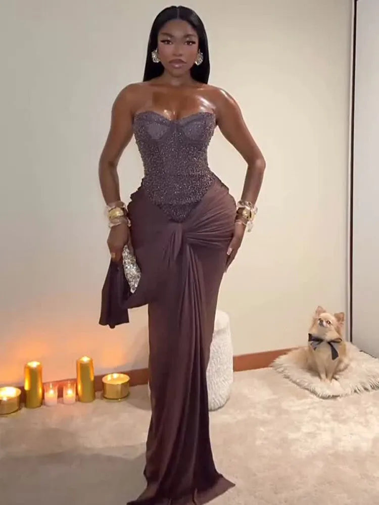 Chic Sequins Lace Up Dress Women Cinched Waist Strapless Patchwork Pleated Sleeveless Maxi Gowns 2025 Summer Evening Party Robe