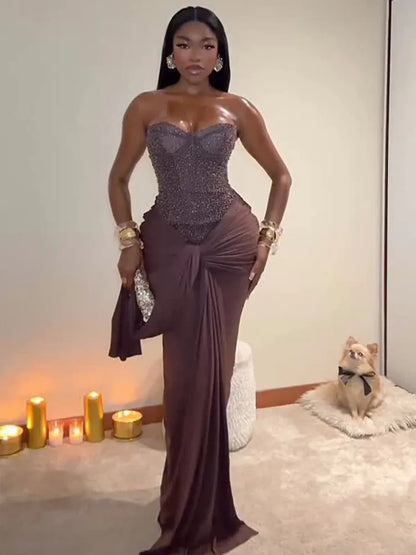 Chic Sequins Lace Up Dress Women Cinched Waist Strapless Patchwork Pleated Sleeveless Maxi Gowns 2025 Summer Evening Party Robe