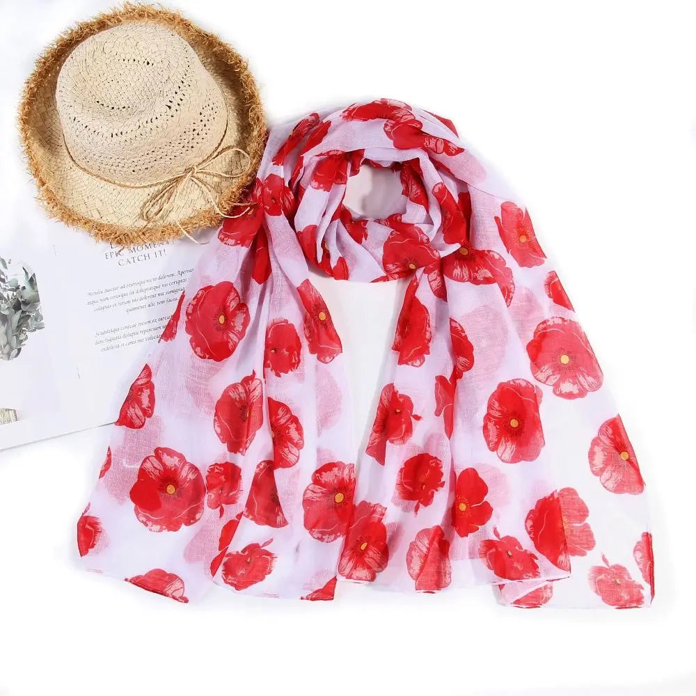 Colorful Poppy Print Scarf 180*90cm Smooth Poppy Floral Shawl Breathable Cotton Voile Poppies Floral Wrap for Women Ladies