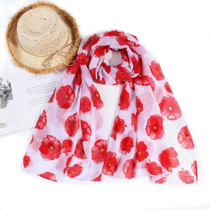 Colorful Poppy Print Scarf 180*90cm Smooth Poppy Floral Shawl Breathable Cotton Voile Poppies Floral Wrap for Women Ladies