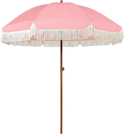#For 7ft Patio Umbrella with Fringe Outdoor Tassel Umbrella UPF50+ Premium Steel Pole and Ribs Push Button Tilt,  Gazebo&