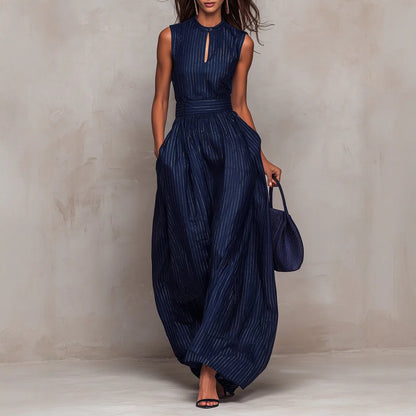 Striped Pint Jumpsuits Woman Elegant O Neck Off Shoulder Hollow Rompers Summer High Waist Wide Leg Pockets Loose Overalls