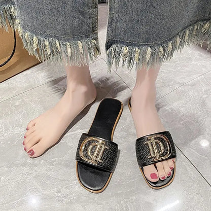 Women Luxury Decor Weave Design Flat Sandals Fashion Open-toe Vacation Casual Slides Party Sexy Elegant Office-Ladies New Shoes