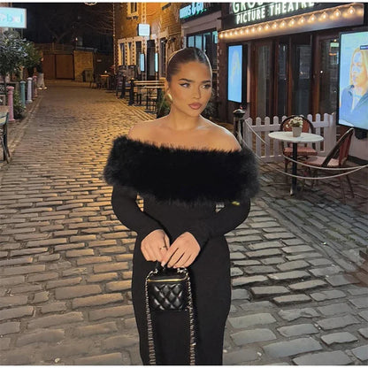 Faux Fur Patchwork Strapless Dress Women Sexy Off-shoulder Full Sleeve Cinched-waist Slim Long Gown Lady Christmas Party Dresses