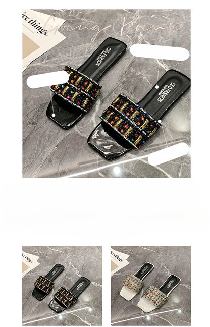 Slippers for Women Shiny Rhinestone Sandals Women Outdoor Beach Casual Shoes Sexy Fashion Big Size Flat Shoes Sandalias De Mujer